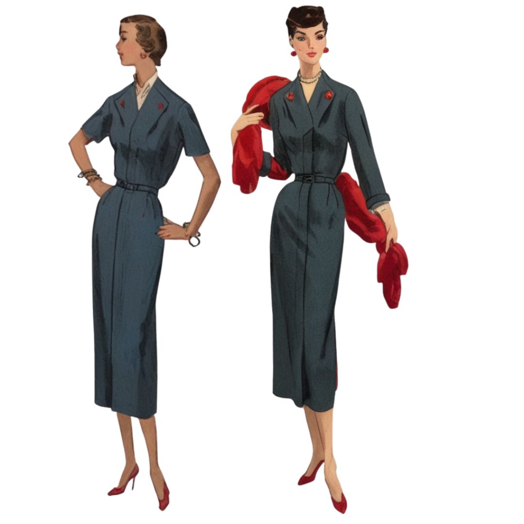 Two women in vintage-style outfits with a red scarf on a white background