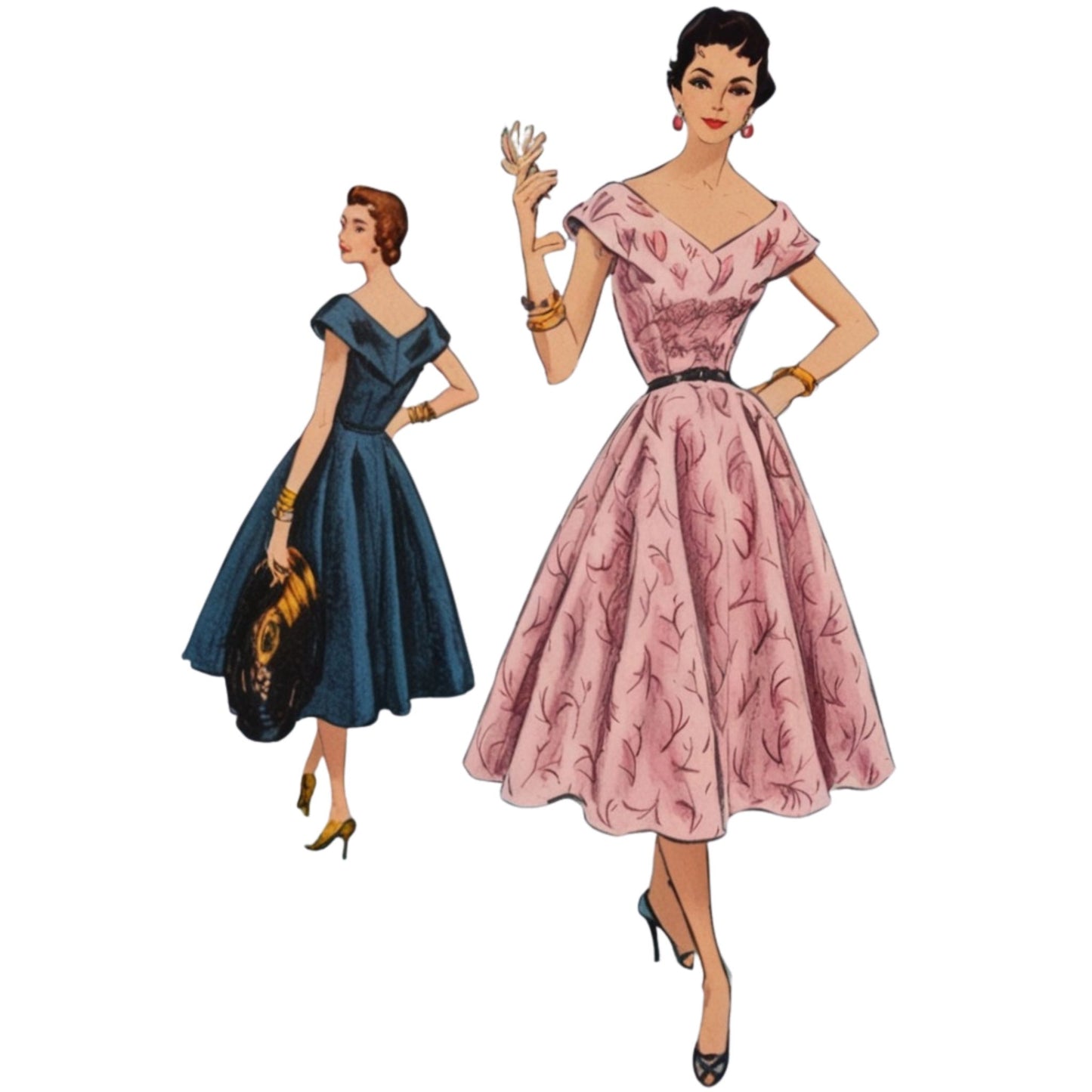 Two women in vintage-style dresses on a white background