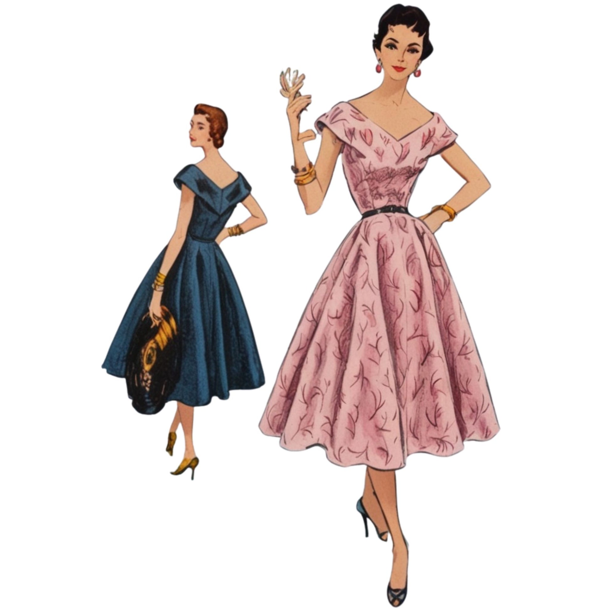 Two women in vintage-style dresses on a white background