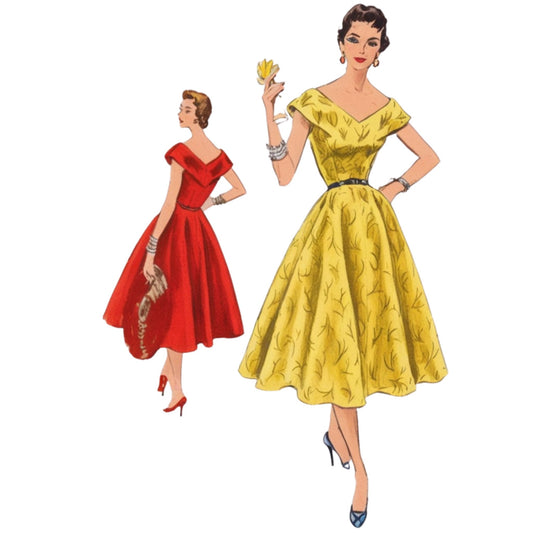 Woman wearing 50s dress, front and back views.