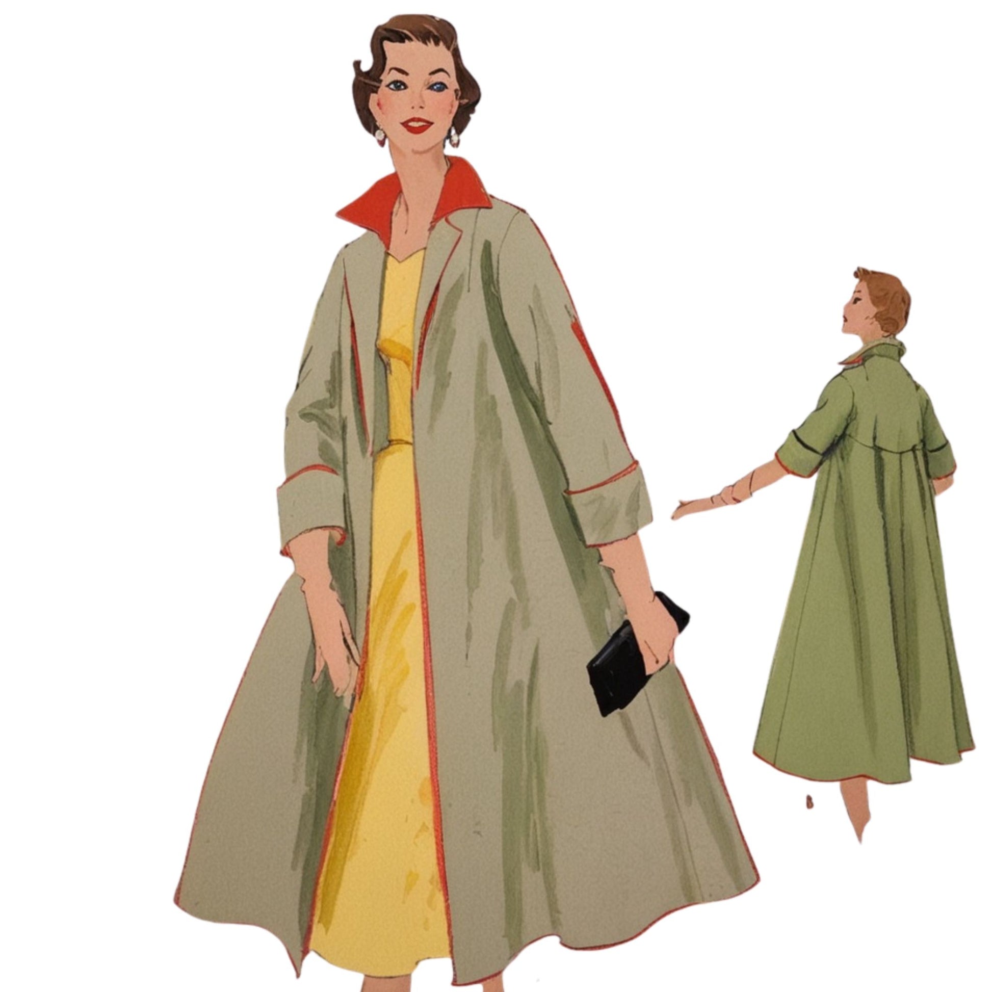 Vintage-style illustration of a woman wearing a long green coat with red trim.
