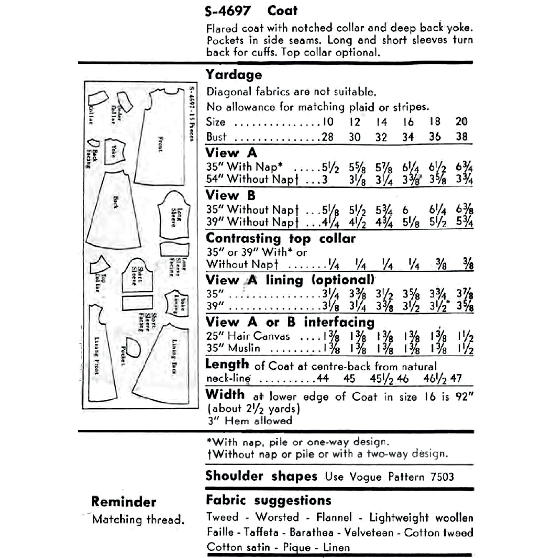 A sewing pattern yardage and measurement chart for a S-4697 Coat, showing front/back pattern pieces and a measurement guide.