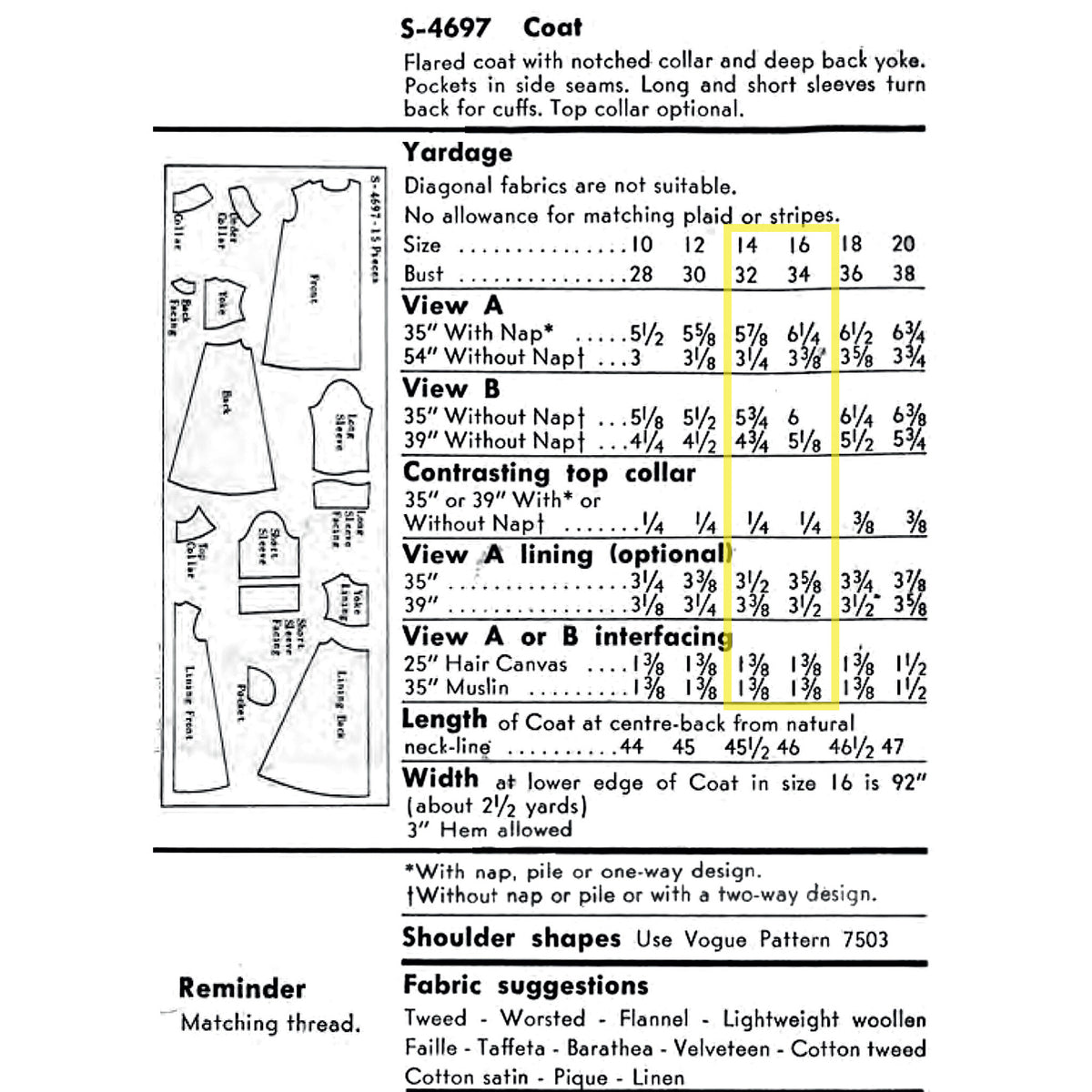 A sewing pattern yardage and measurement chart for a S-4697 Coat, showing front/back pattern pieces and a measurement guide.