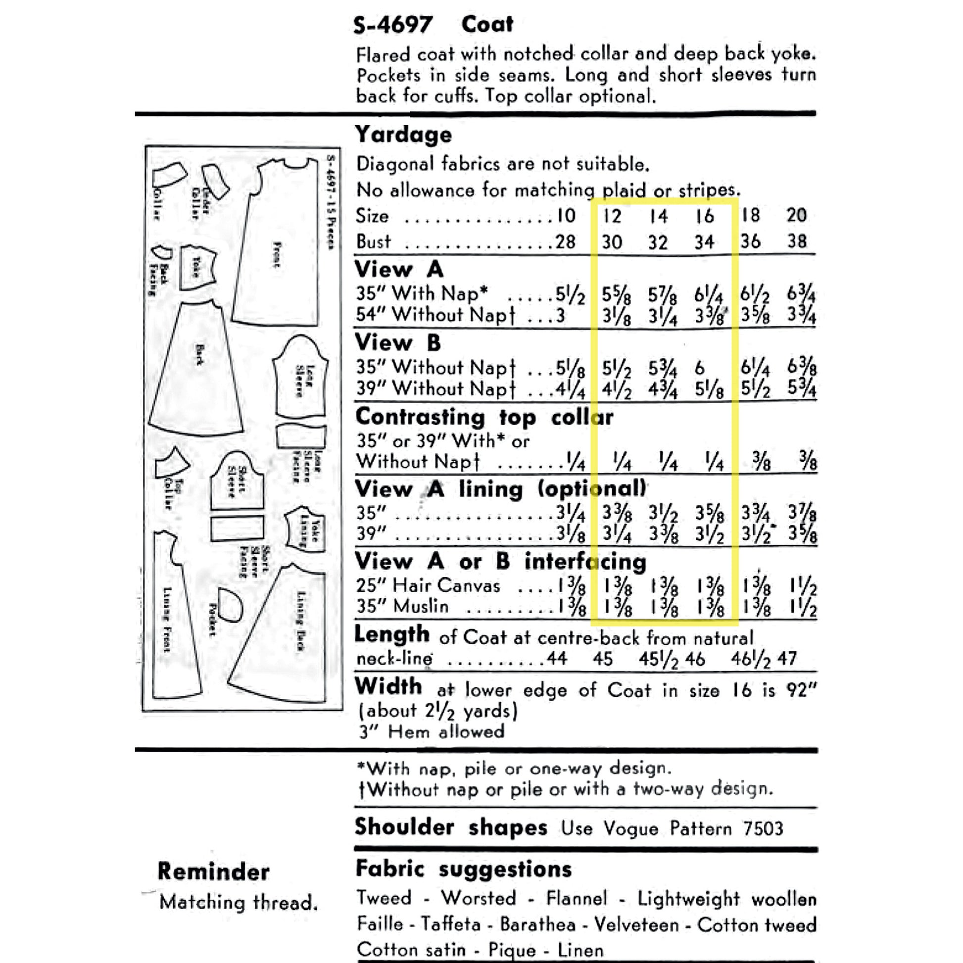 A sewing pattern yardage and measurement chart for a S-4697 Coat, showing front/back pattern pieces and a measurement guide.