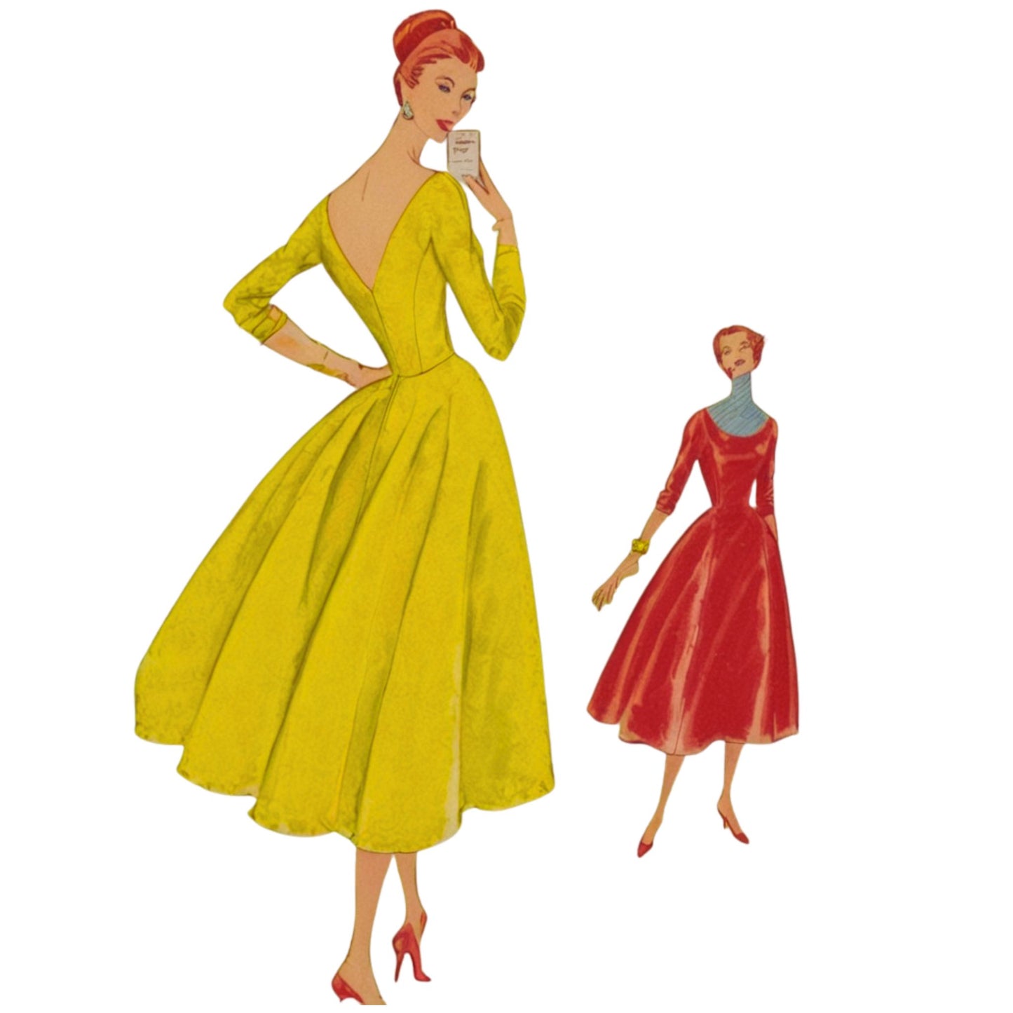 Two women, one in a yellow dress and the other in a red dress, on a white background.