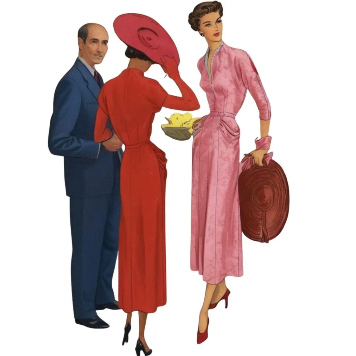 Illustration of a man and two women in vintage clothing on a white background