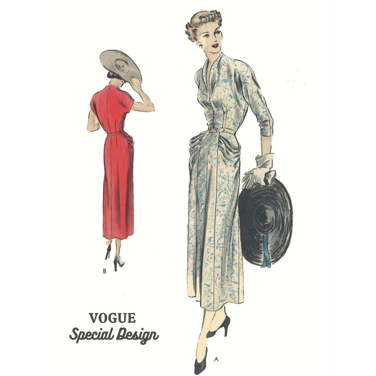 Vintage Vogue Special Design sewing pattern illustration showing two women modeling long dresses on a white background. One figure is shown from the back in a red dress, and the other is shown from the front in a light blue and beige patterned dress holding a black hat.