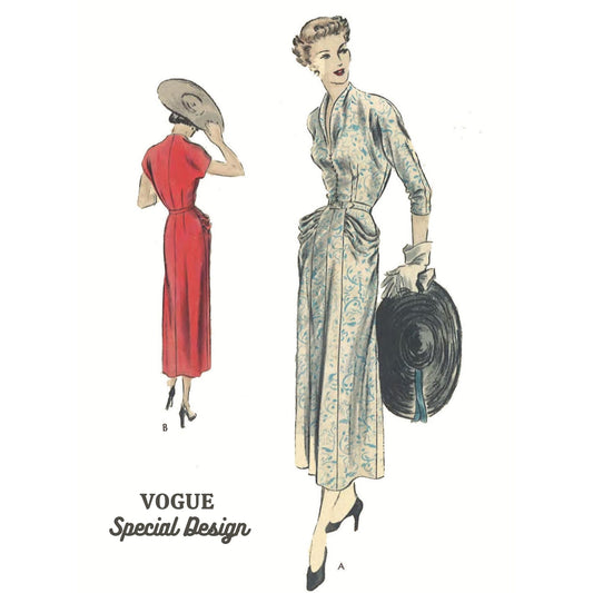 Vintage Vogue Special Design sewing pattern illustration showing two women modeling long dresses on a white background. One figure is shown from the back in a red dress, and the other is shown from the front in a light blue and beige patterned dress holding a black hat.