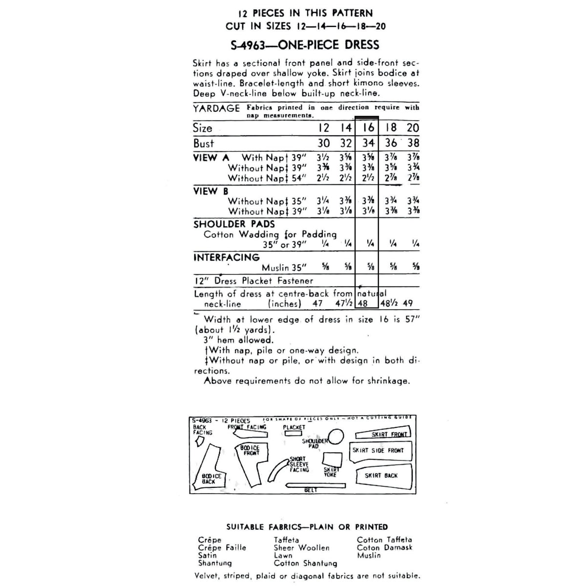 A black-and-white printed sewing pattern sheet showing measurements, fabric requirements, and construction details for a one-piece dress. The page includes a size table, pattern instructions, and fabric suitability notes.