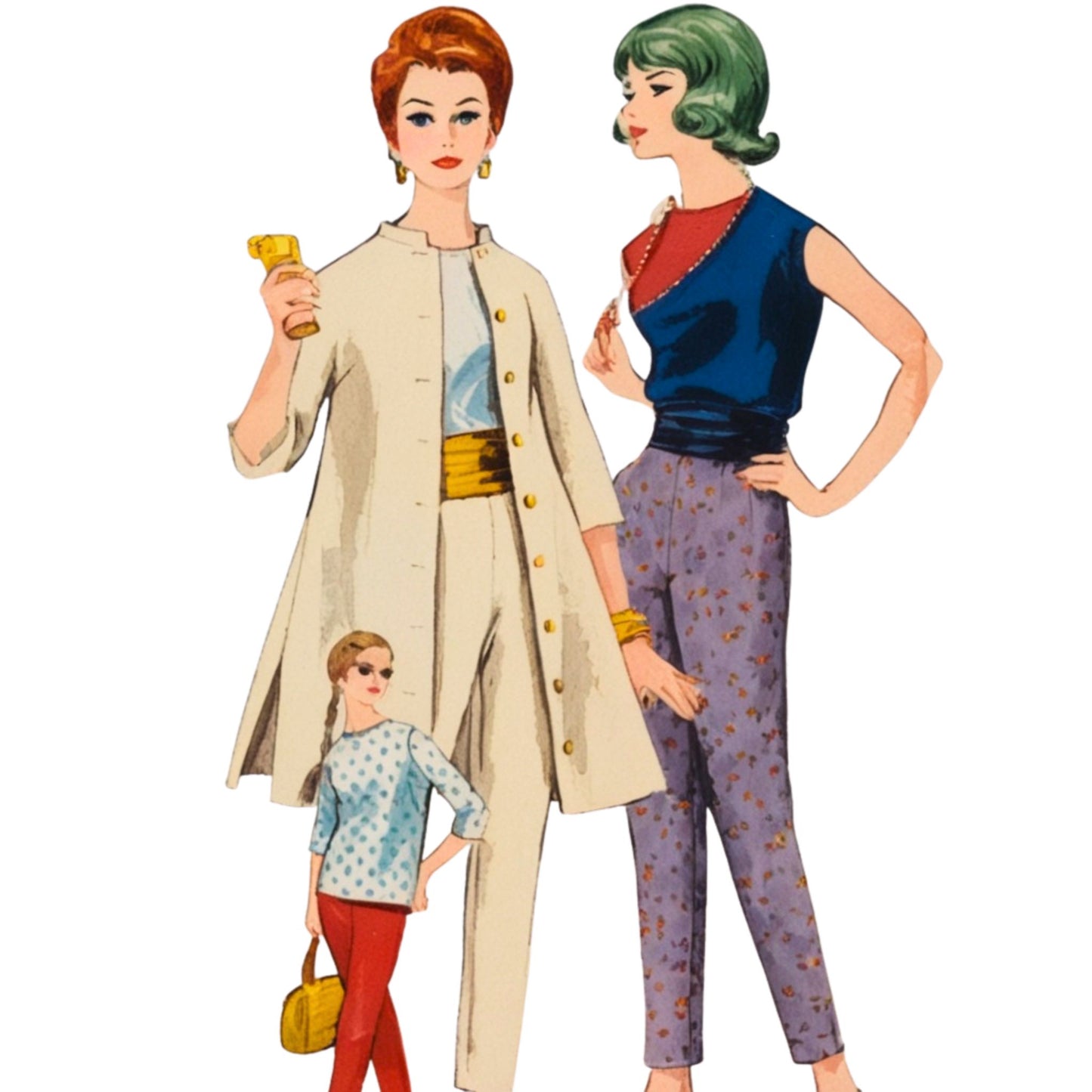 Illustration of two women in vintage clothing with a smaller figure in the background.