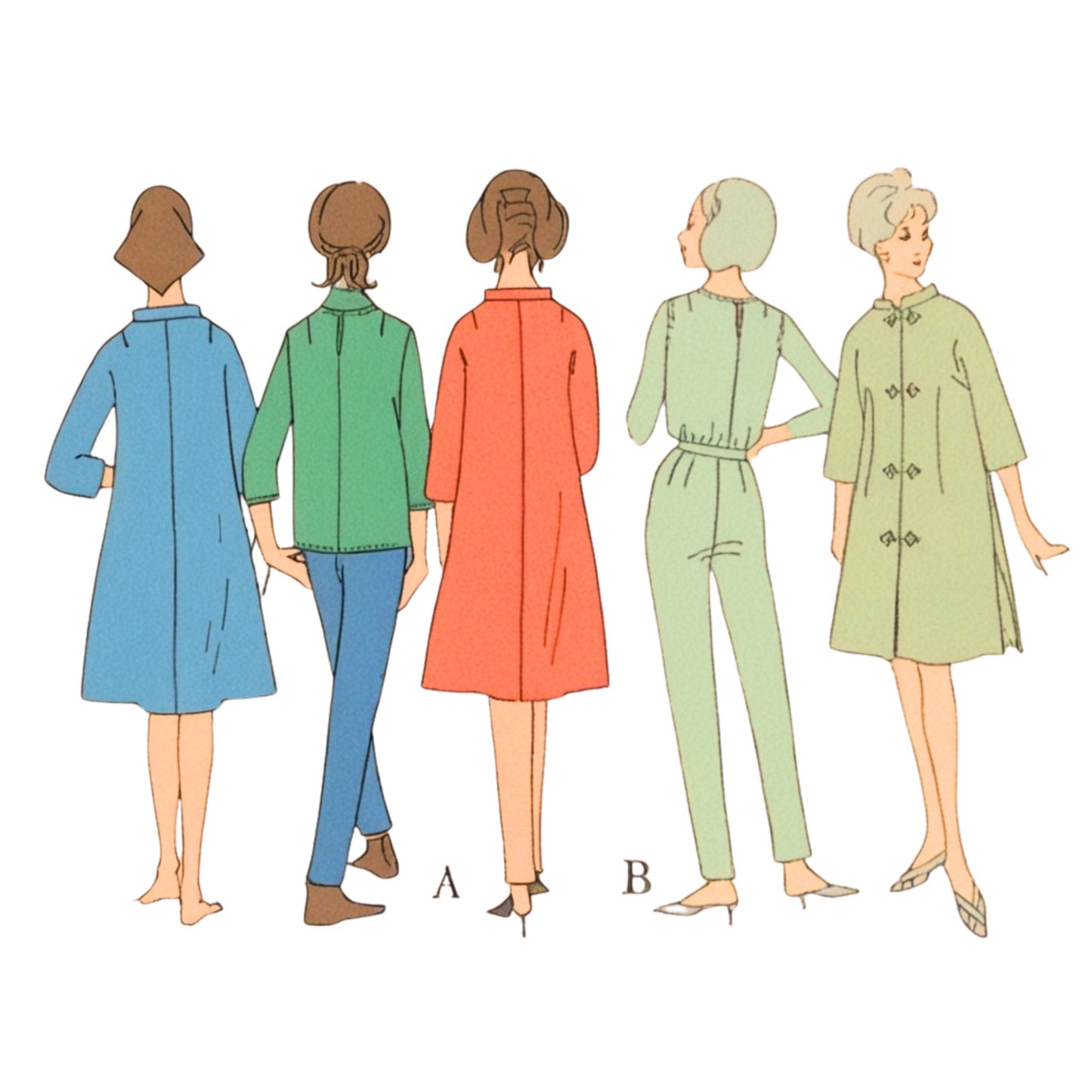 Illustrations of women wearing different outfits on a white background