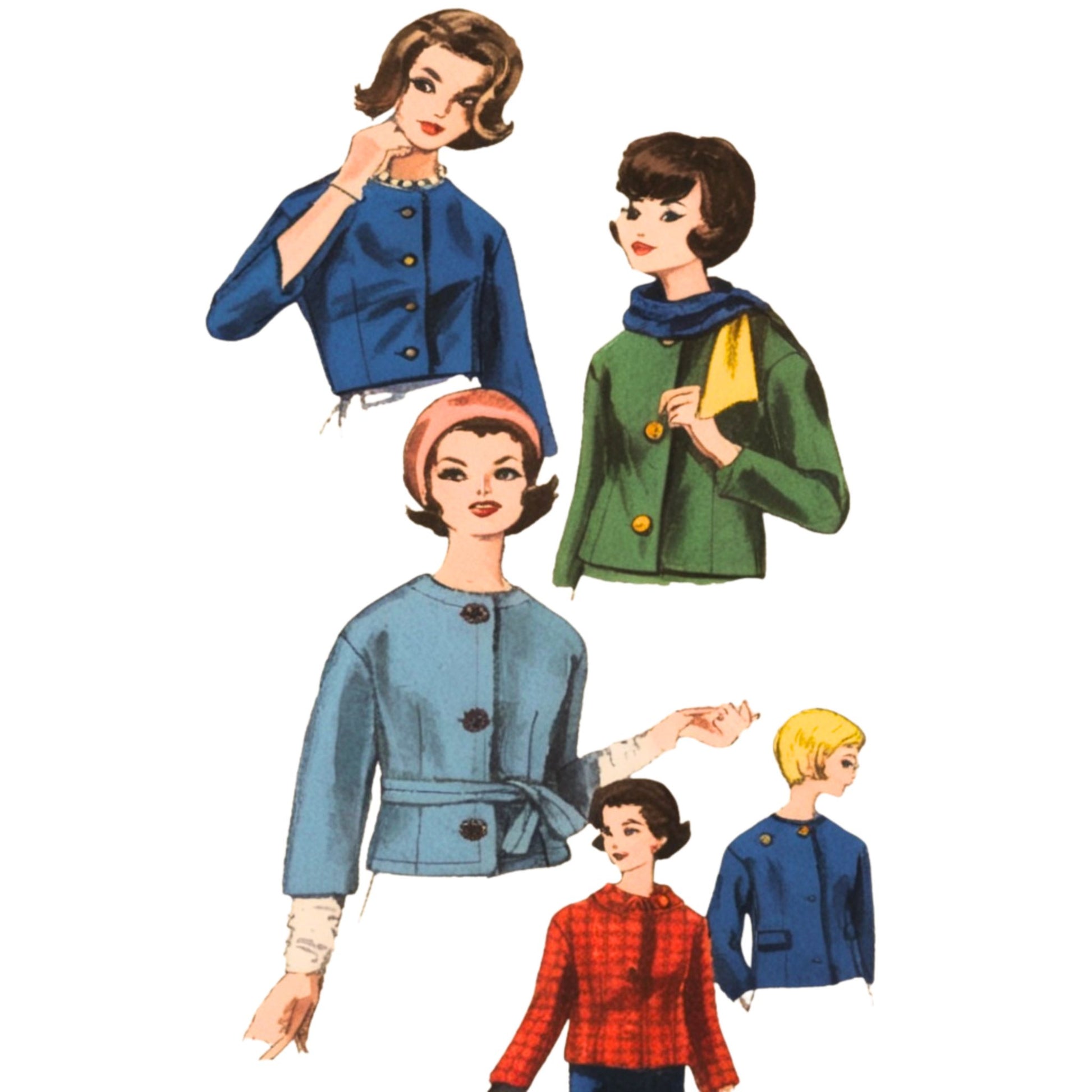 Illustration of women wearing various jackets on a white background