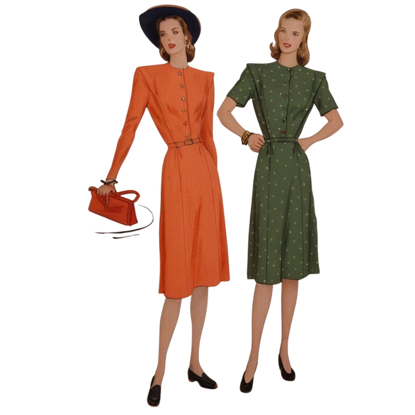 Two women wearing vintage-style dresses on a white background