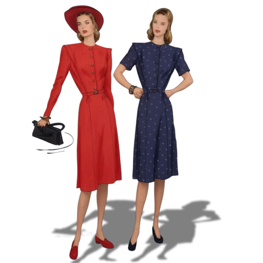 Two women wearing vintage-style dresses on a white background