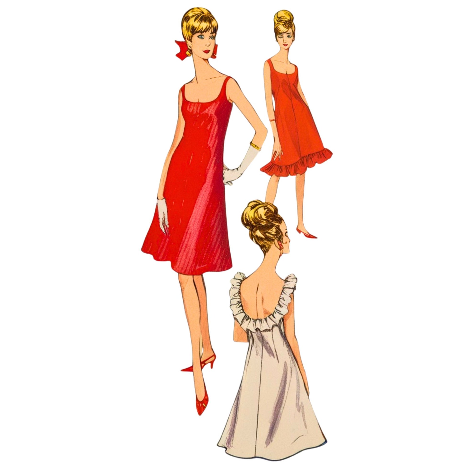 Illustration of a woman wearing a red dress with a white background