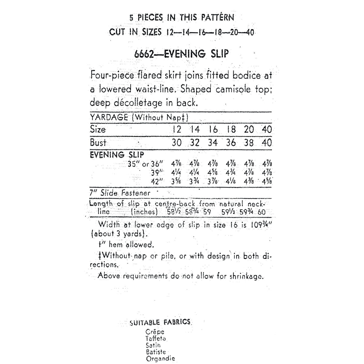 A black-and-white printed sewing pattern page titled '5 PIECES IN THIS PATTERN' for an 'Evening Slip,' showing garment measurements, yardage, bust, slip measurements, and suitable fabrics.