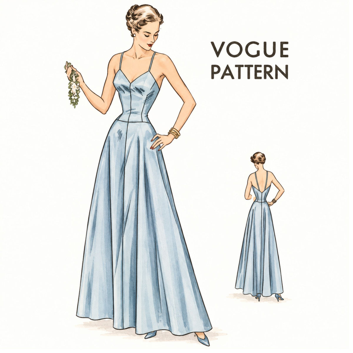 Vintage-style illustration of a woman wearing a light blue floor-length evening gown, with a smaller back view inset and the text 'VOGUE PATTERN' on a plain white background.