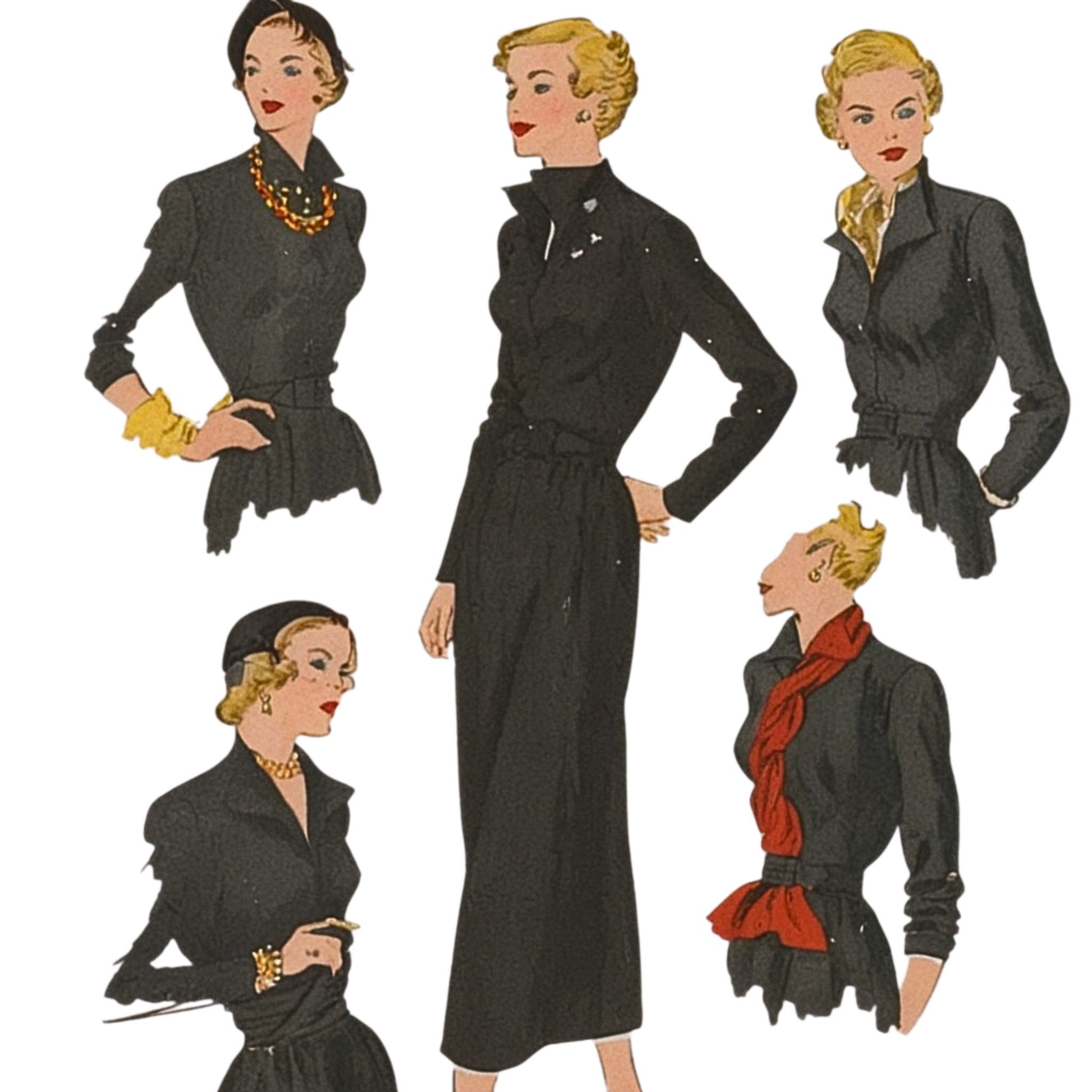 Vintage-style fashion illustrations of a woman in a black outfit with accessories.