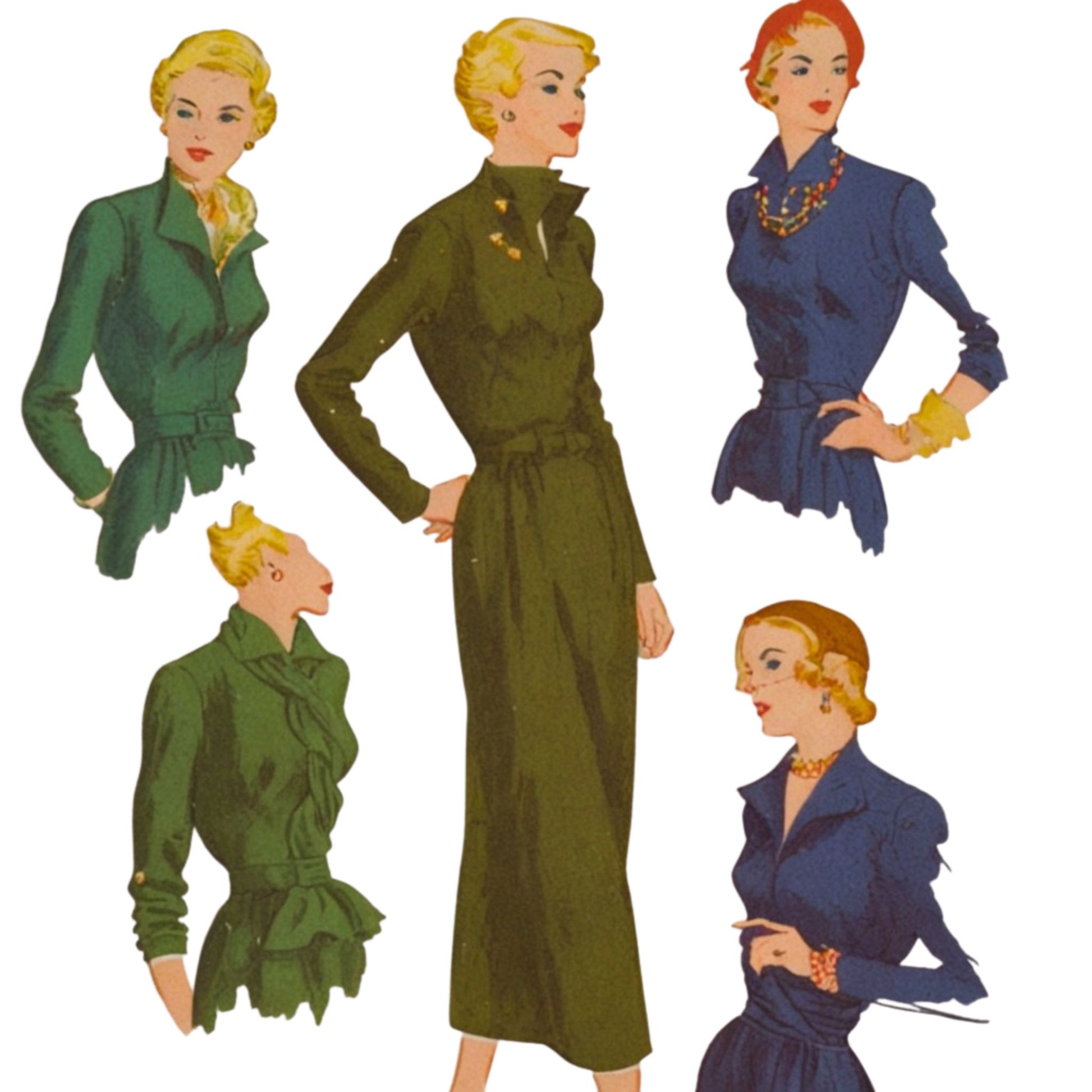 Vintage-style illustrations of women in green and blue outfits on a white background