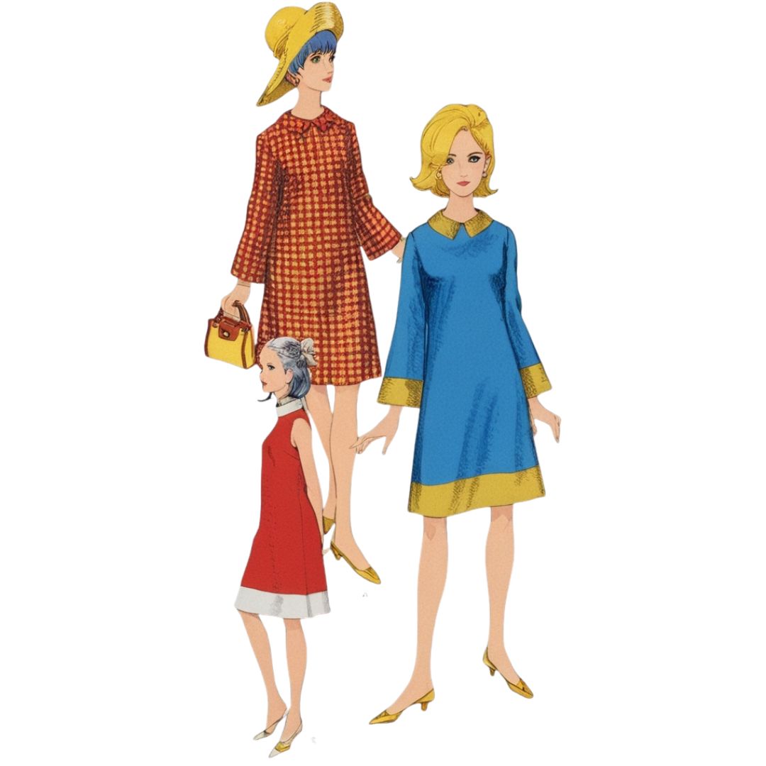 Three women in vintage-style clothing on a white background