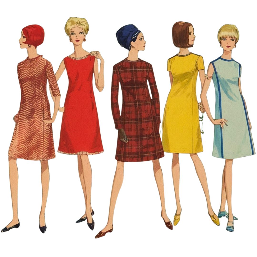 Five women wearing vintage dresses on a white background