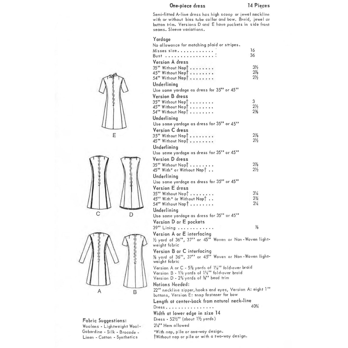 A vintage sewing pattern cover page for a one-piece dress, showing line drawings of front and back views labelled A, B, C, D, E, along with size and fabric specifications text on a white background.
