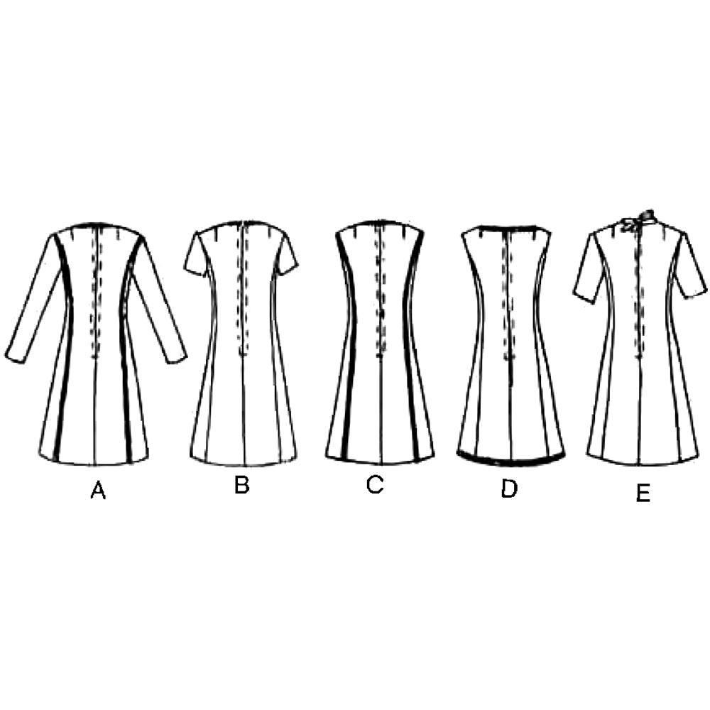 Line drawing of back views of all styles included in this pattern. 5 styles, labelled A-E, left to right.
