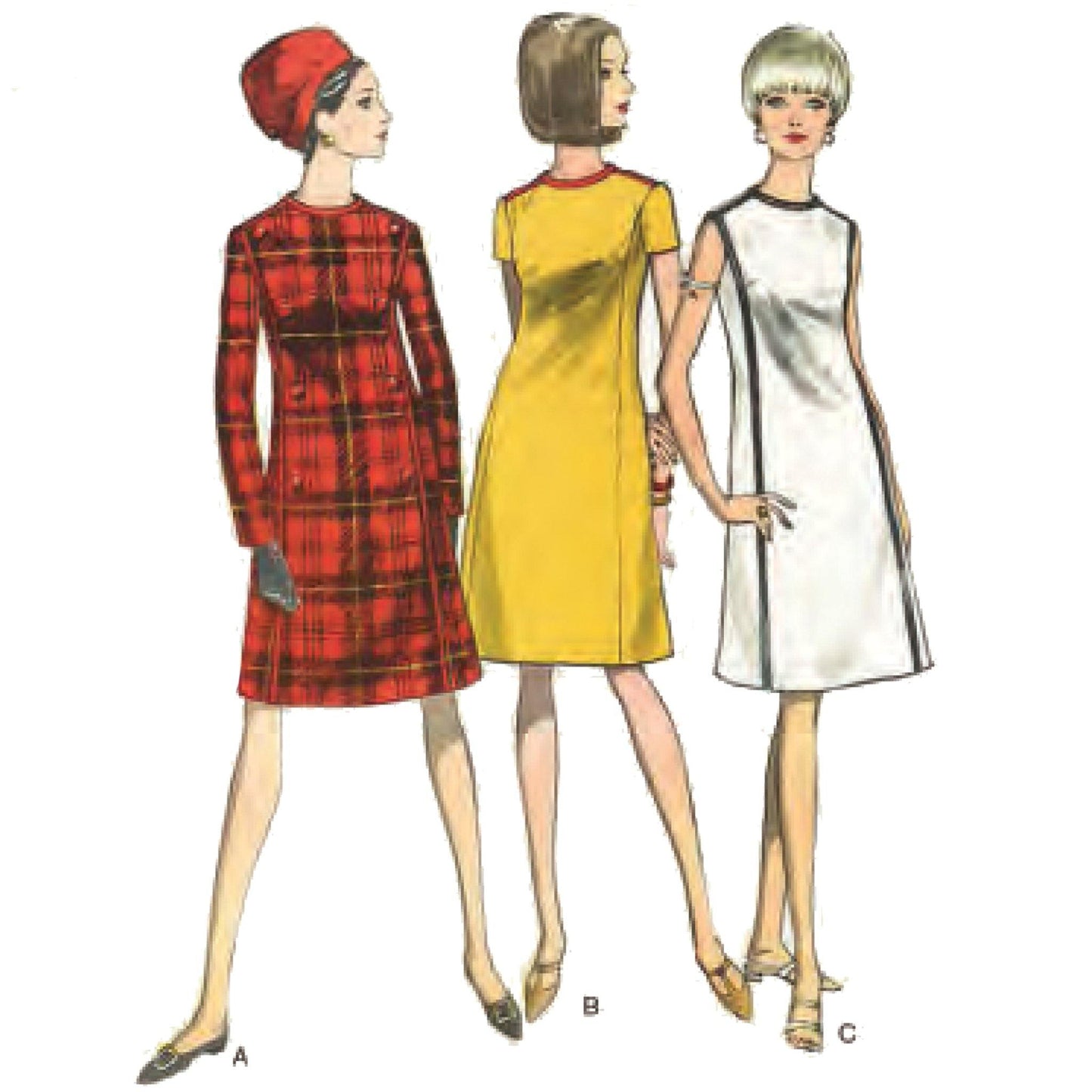 3 women wearing A-Line Mod style dresses. Left to right: Style A: Long sleeved, red tartan. Style B: Short sleeve, yellow with red neck binding. Style C: Sleeveless with black seam piping and neck binding.