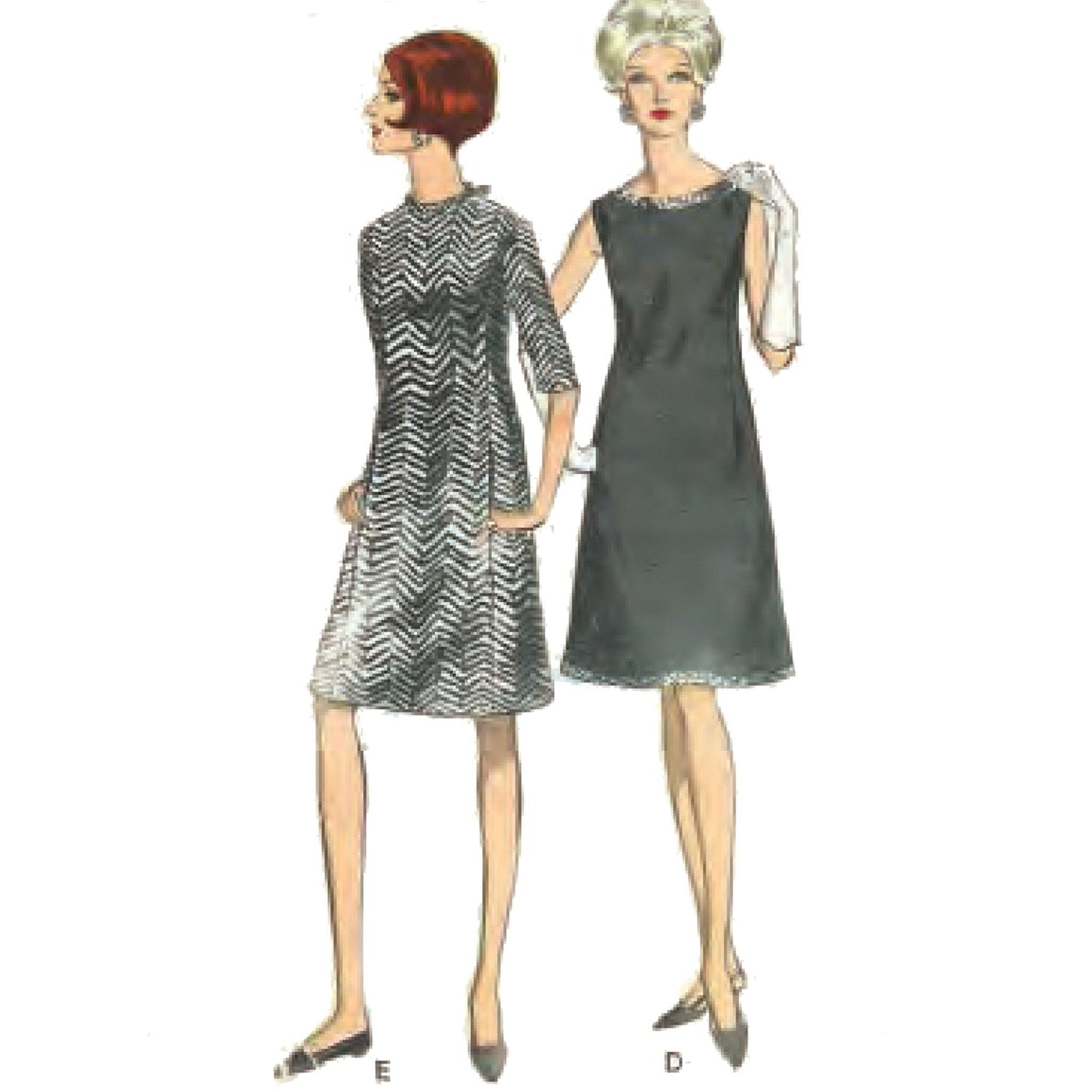 2 women wearing A-Line Mod style dresses. Left to right: Style E: Elbow length sleeves, black and white chevron pattern. Style D: Sleeveless, black.