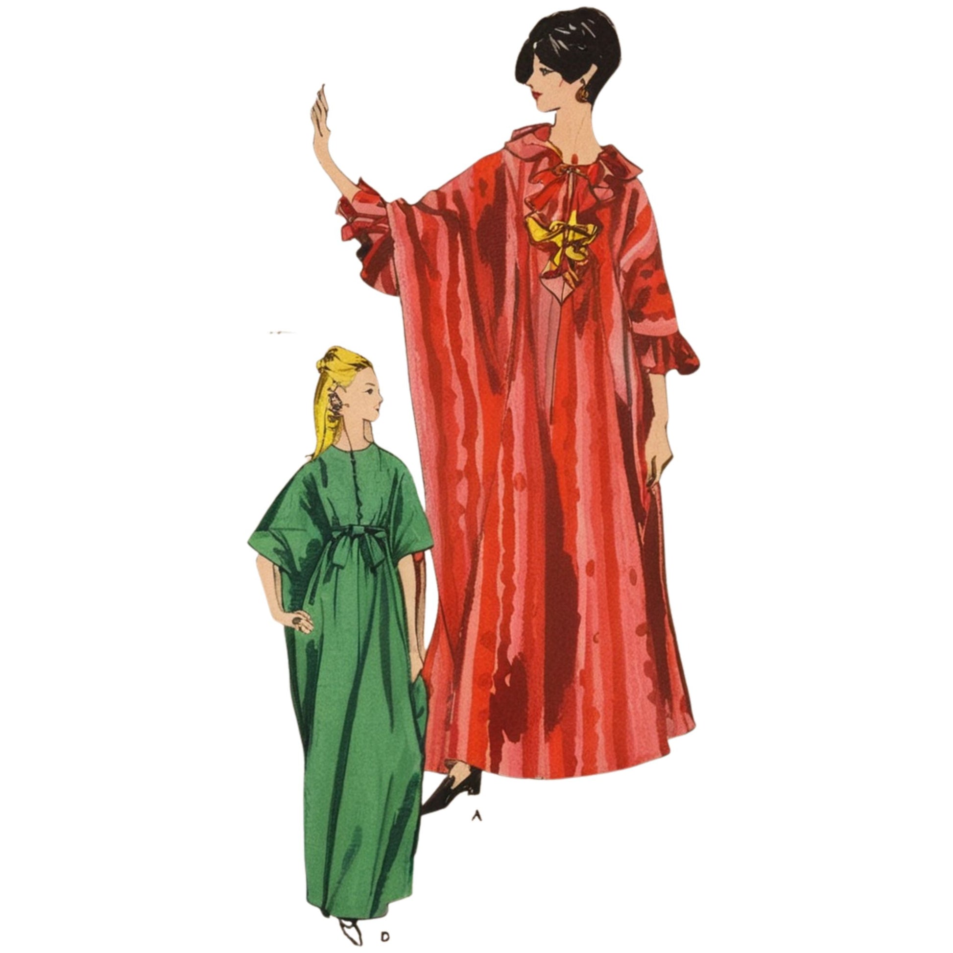 Two women wearing red and green dresses on a white background