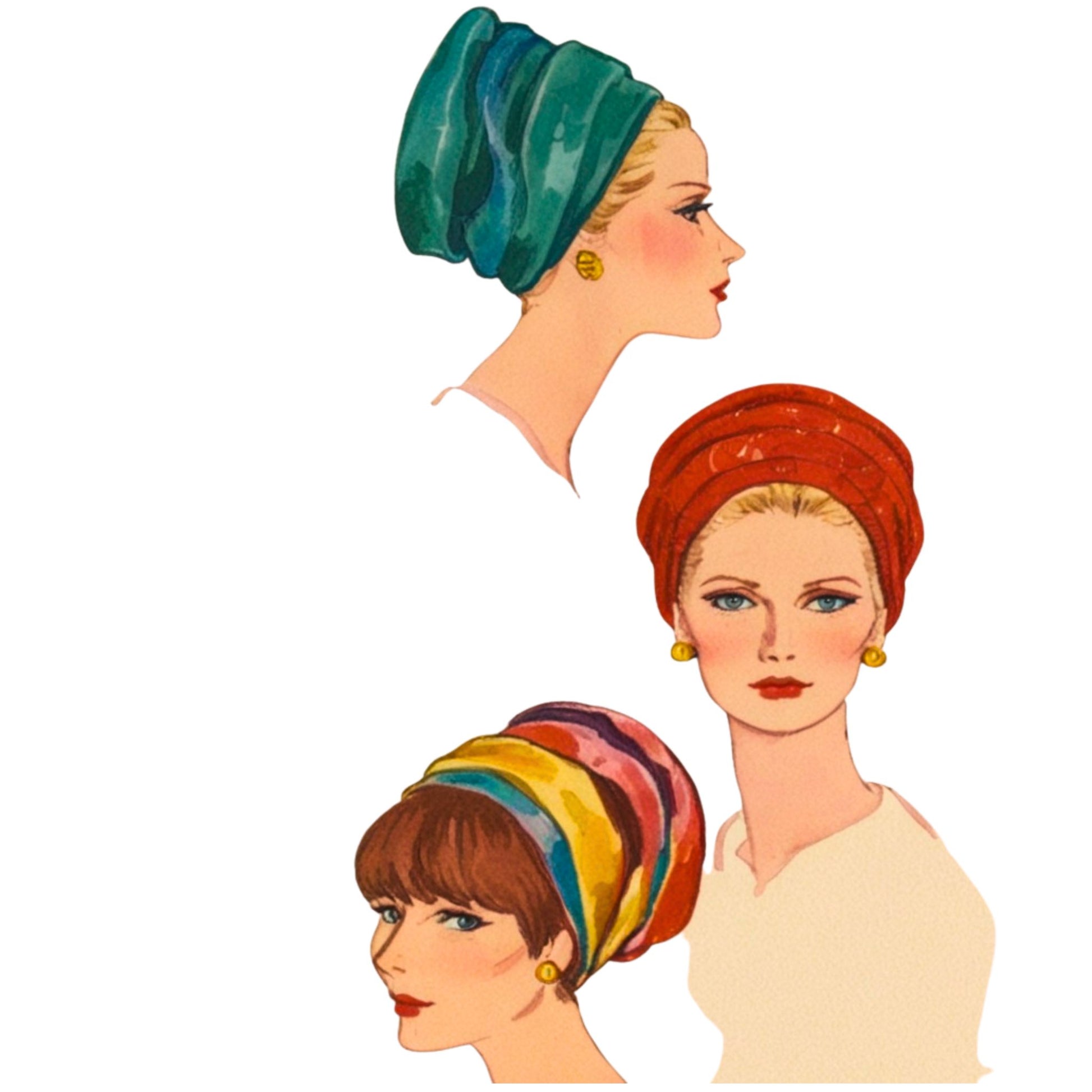 Illustrations of women wearing colorful hats on a white background
