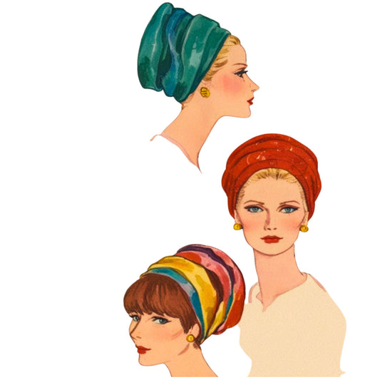 Illustrations of women wearing colorful hats on a white background
