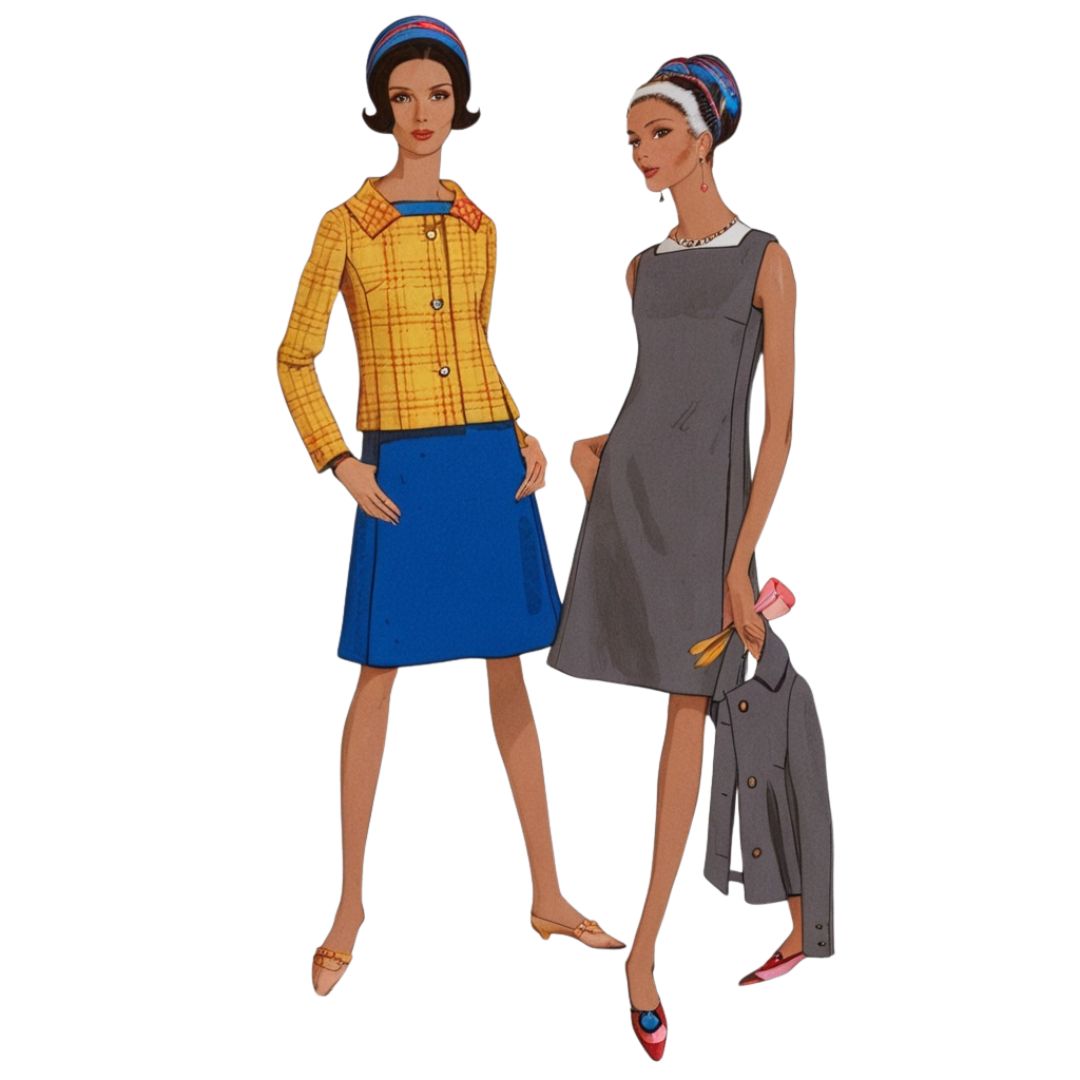 Two vintage-style women wearing colorful outfits on a white background