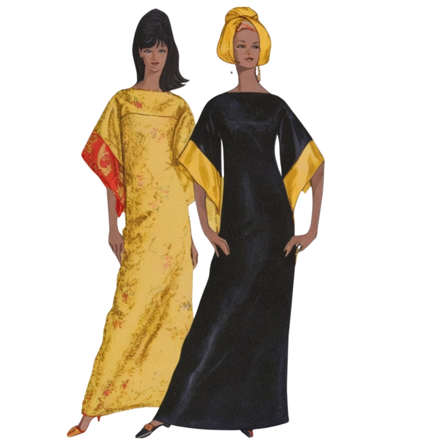 Two women wearing long dresses, one yellow with floral patterns and the other black with yellow accents, on a white background.