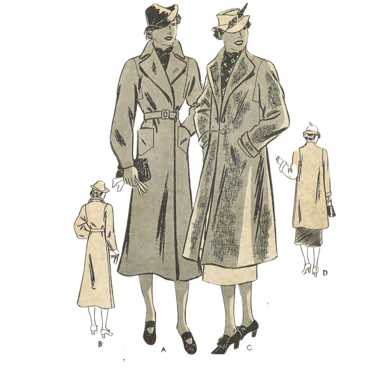 Vintage sewing pattern illustration showing women's long trench coats in different styles and sizes, with labeled views A, B, C, and D on a plain white background.