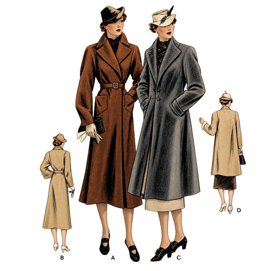 Vintage sewing pattern illustration showing women modeling long trench coats in different colors and styles, with smaller views labeled A, B, C, and D on a plain white background.