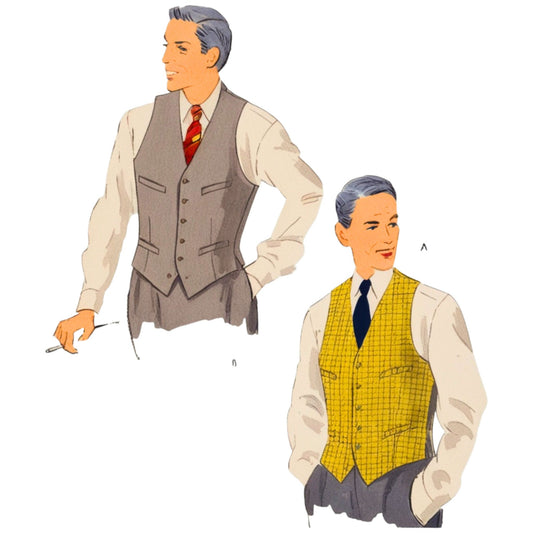 Two illustrations of men wearing vests on a white background