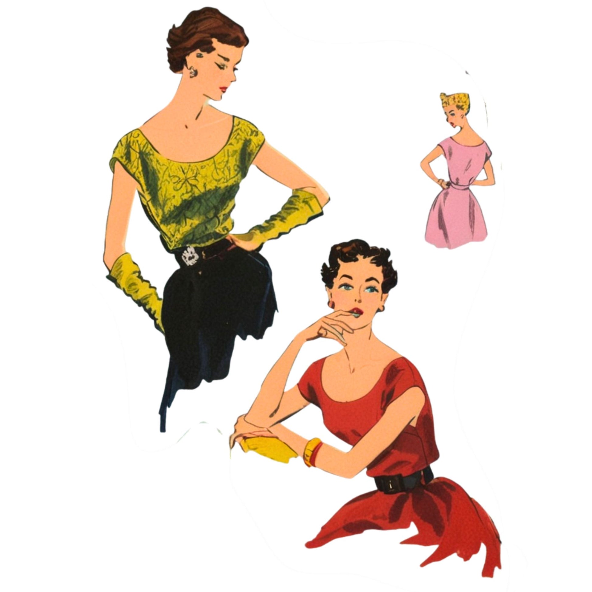 Vintage-style illustration of two women in colorful outfits with a smaller inset of a third woman.
