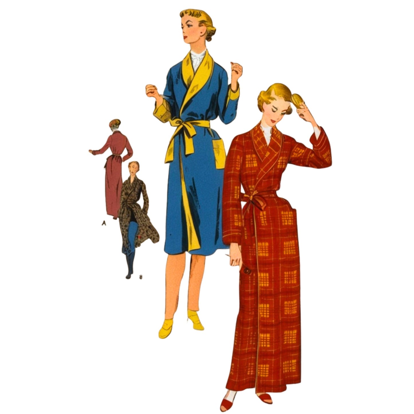 Illustration of two women wearing vintage-style robes on a white background