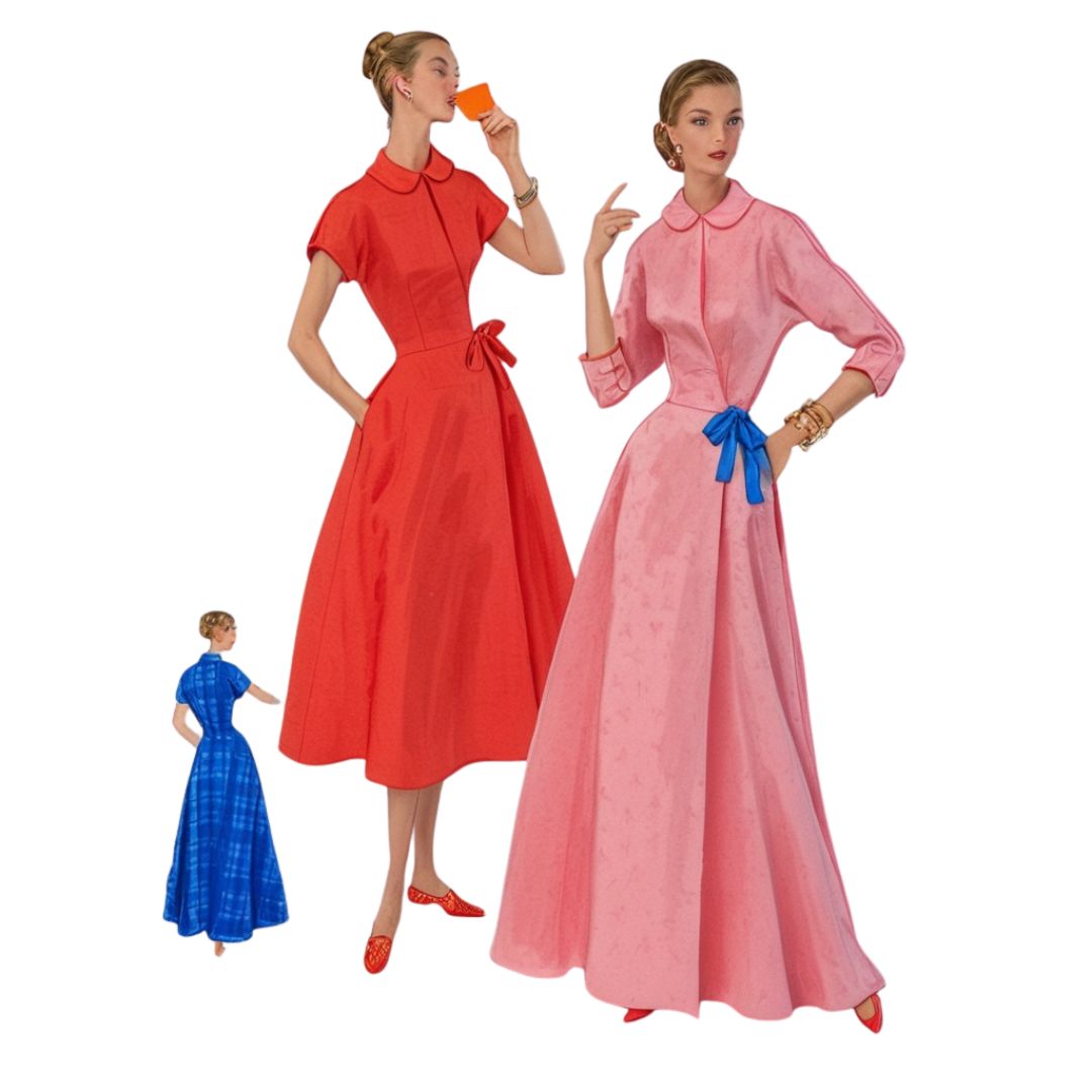 Three women wearing vintage-style dresses in red, pink, and blue on a white background.