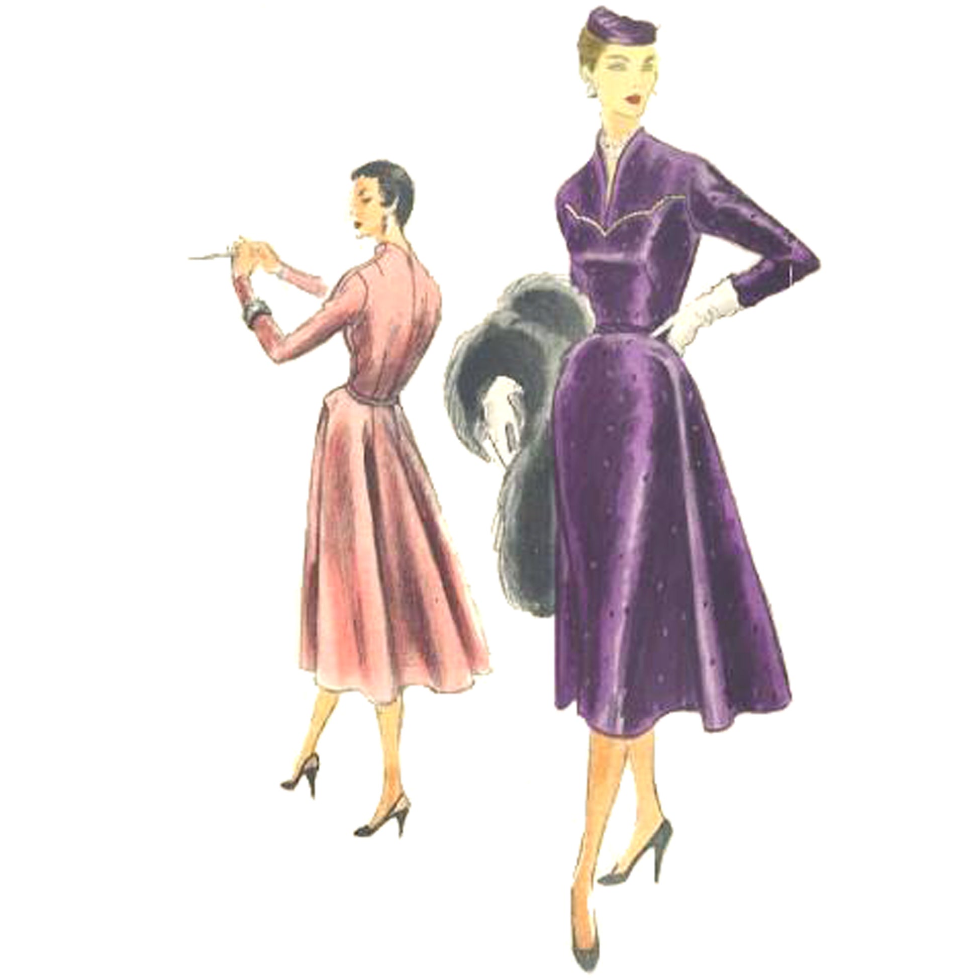 Illustration of two women wearing vintage dresses on a white background