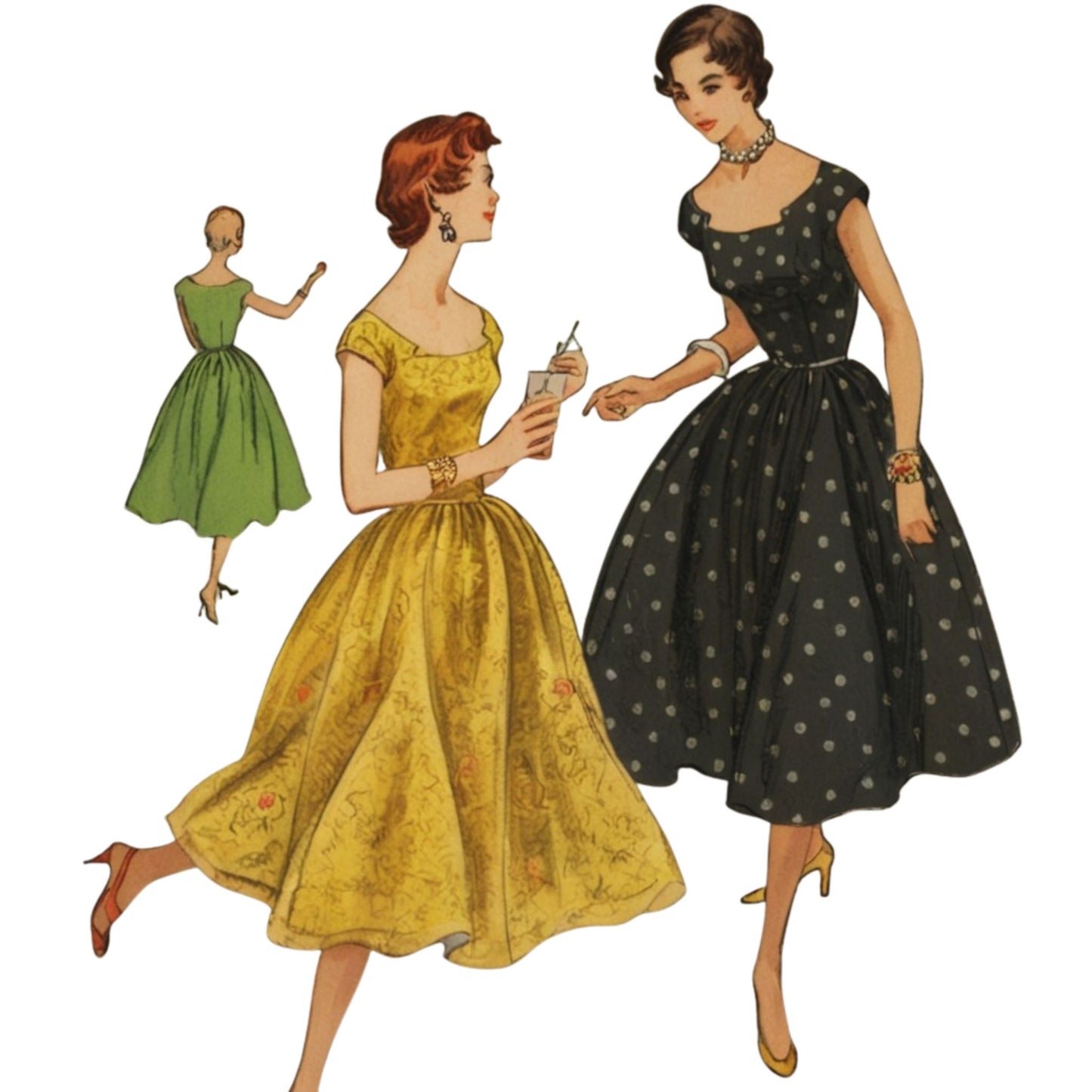 Illustration of three women in vintage dresses on a white background