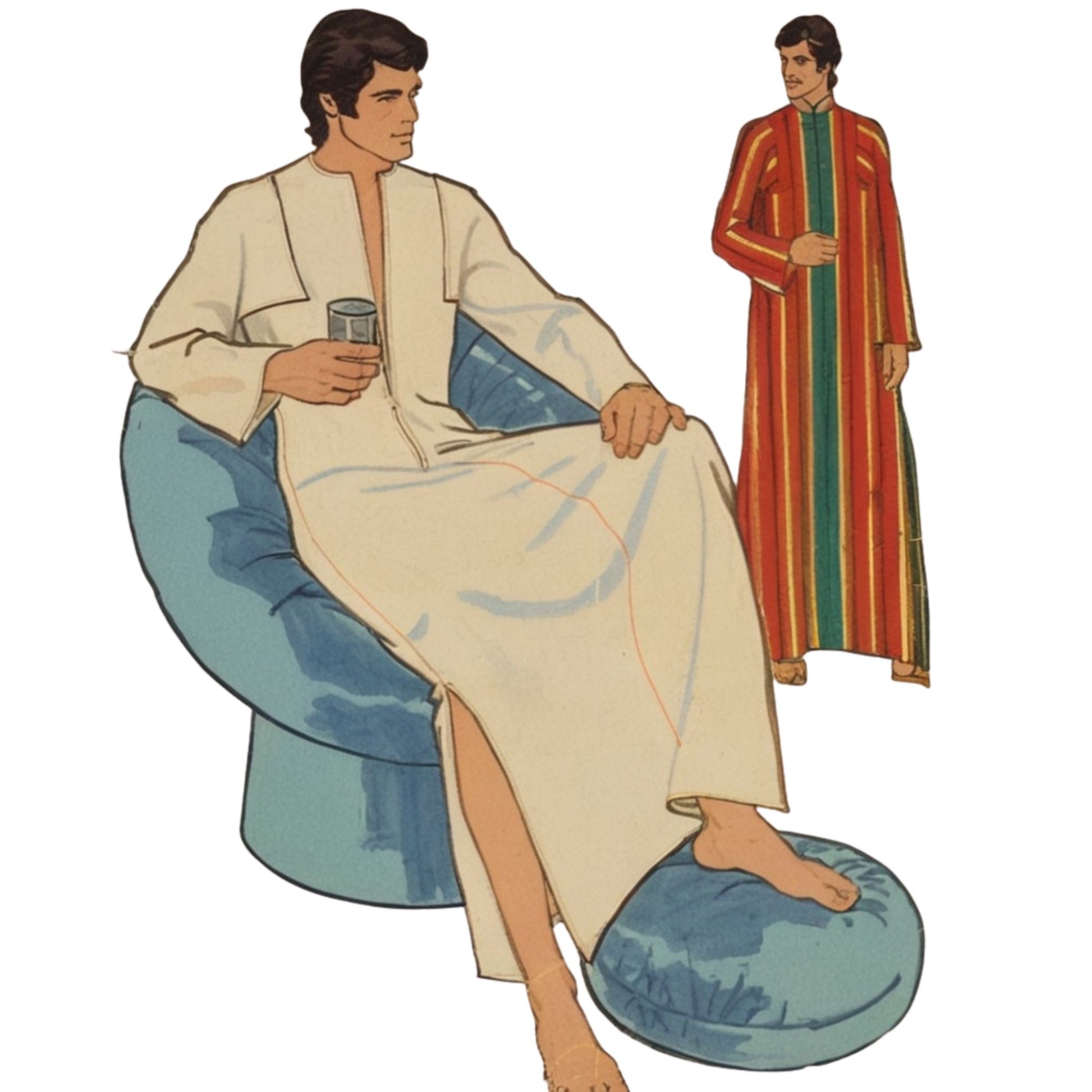 Illustration of a man in a robe sitting on a bean bag chair with another man in a colorful robe standing in the background.