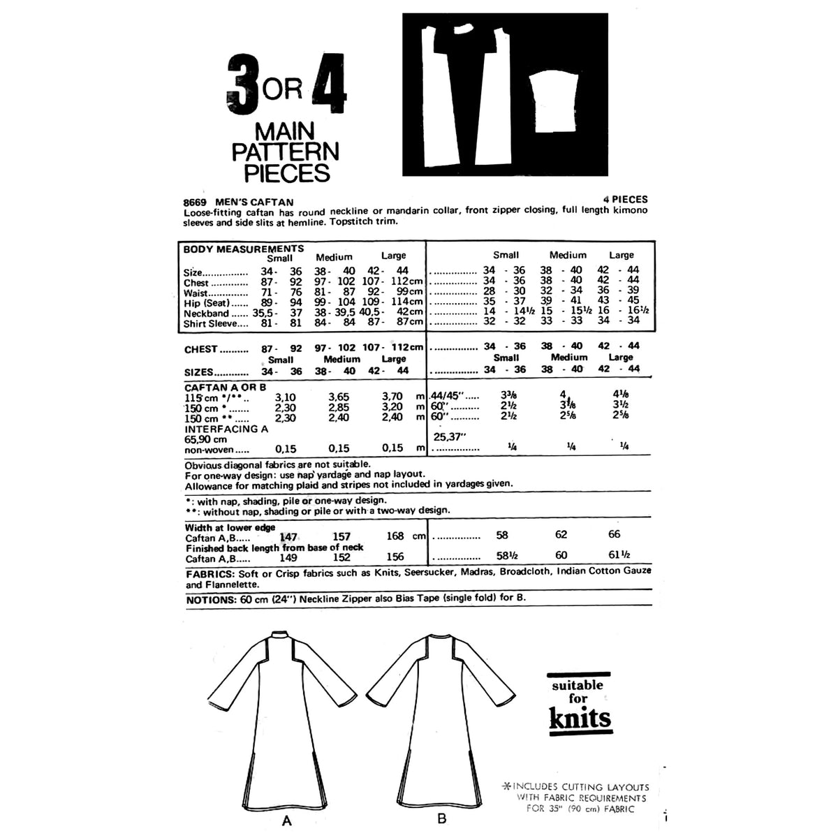 A black-and-white printed sewing pattern page showing body measurements, sizes, fabric lists, and front/back garment views for men's caftan, with labelled garment sketches A and B at the bottom.