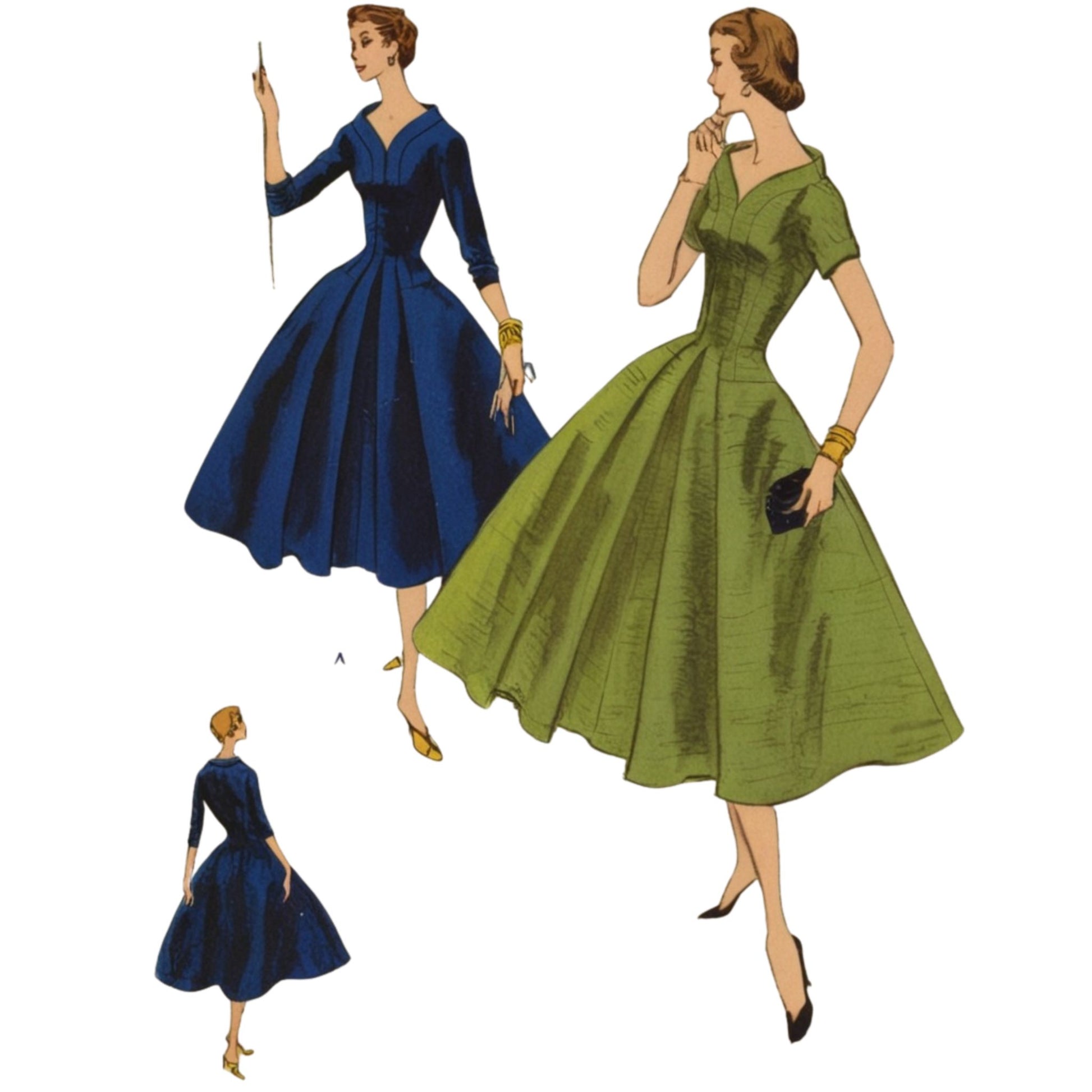 Illustrations of women wearing blue and green dresses on a white background