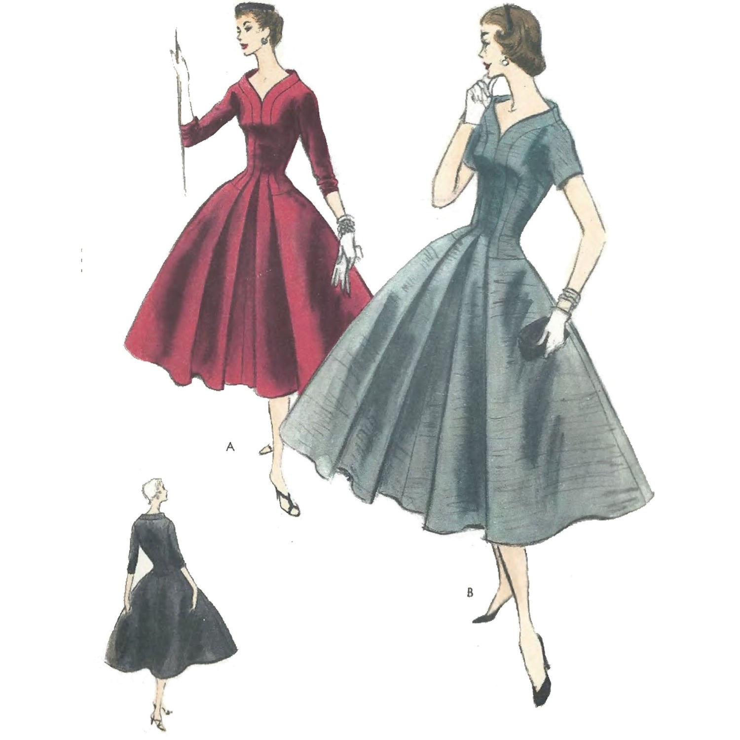1950s FLATTERING Dress Pattern McCALLS 9681 Front Button Flared Dress Day  or Party, Bust 33 Vintage Sewing Pattern