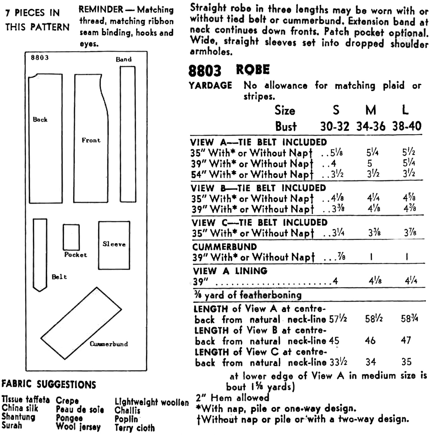 A printed pattern sheet showing measurements and instructions and sizes for making a 8803 robe. The left side includes a pattern diagram with labelled front, band, sleeve, and belt areas, along with fabric suggestions.