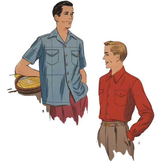 Two men wearing vintage-style shirts and pants on a white background