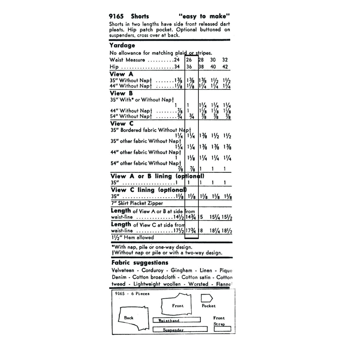 Patrón de costura Vogue de los años 1950, Pantalones cortos con tirantes - Cintura: 26” (66cm)