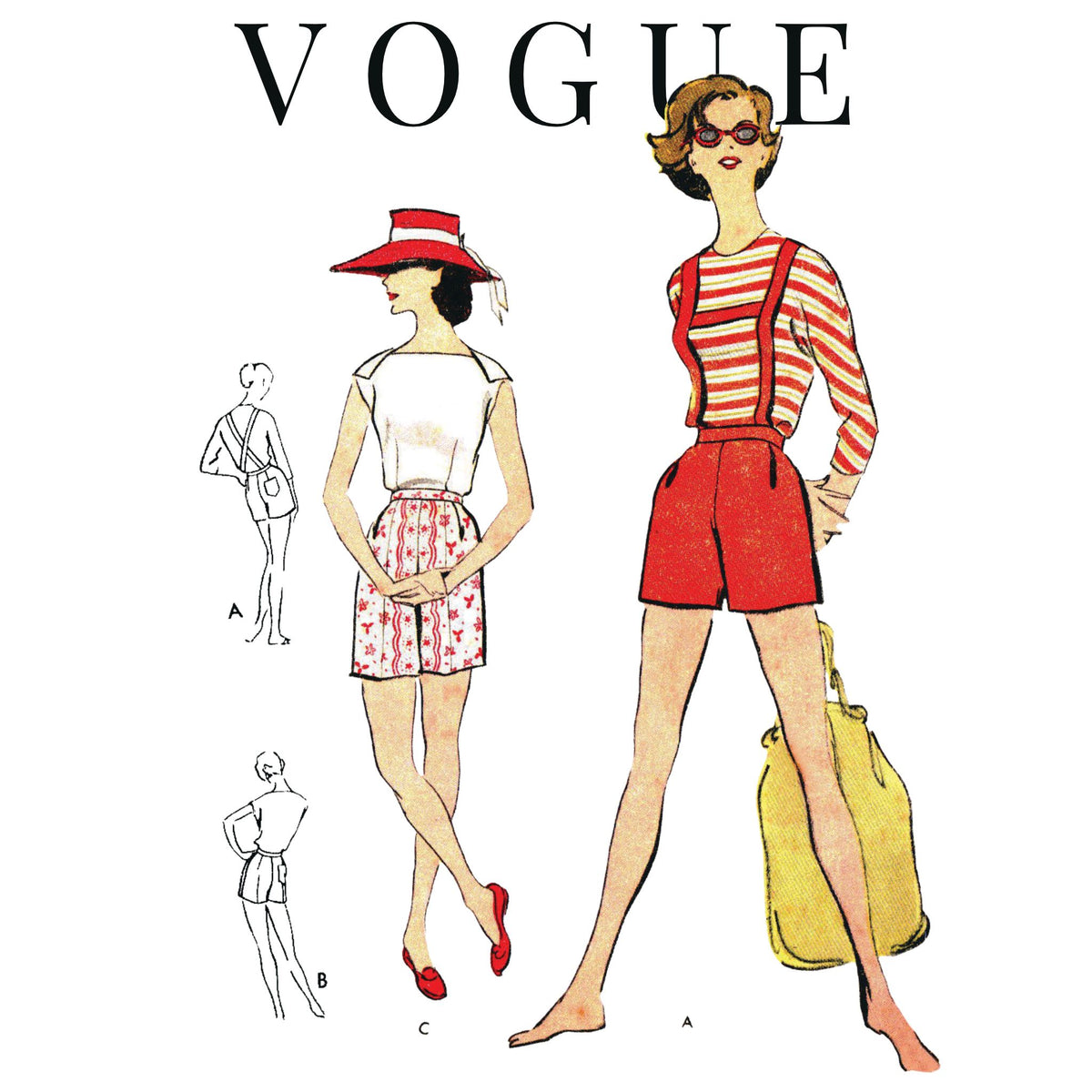Patrón de costura Vogue de los años 1950, Pantalones cortos con tirantes - Cintura: 26” (66cm)